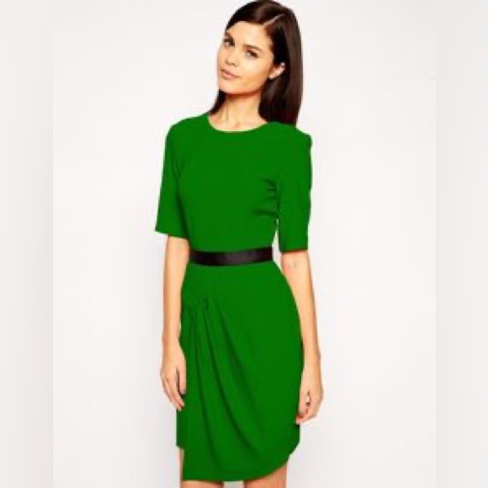 Asos Office Wear Green Dress With Navy Ribbon Belt